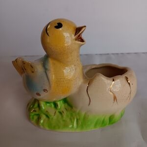 Vintage Ceramic Easter Bird Or Chick w/ Egg Small Planter